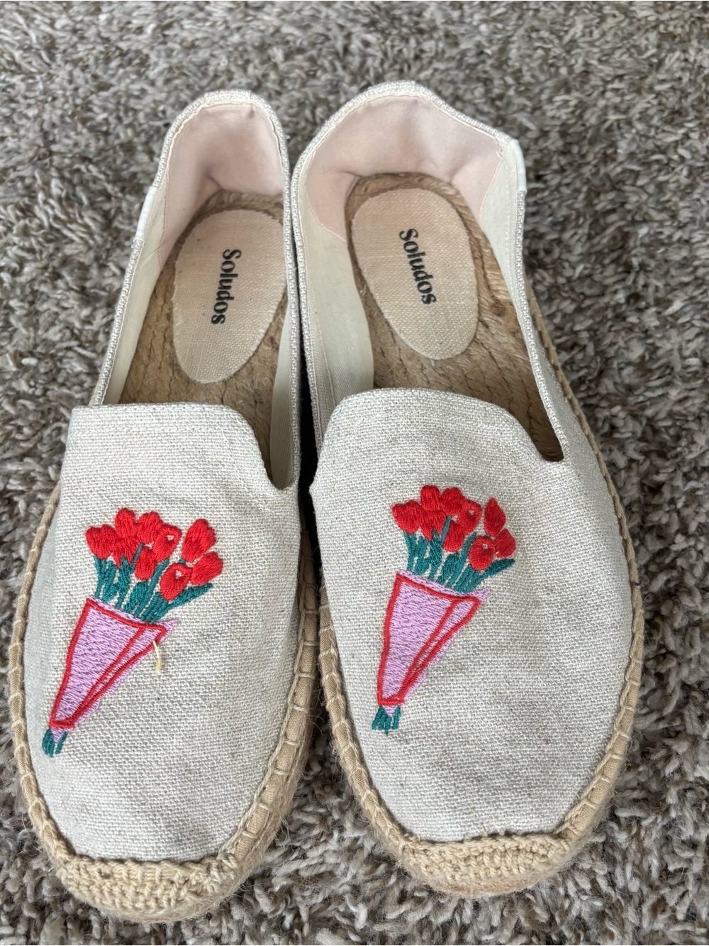 Soludos Natural Canvas Espadrilles with Red Floral Bouquet Embroidery